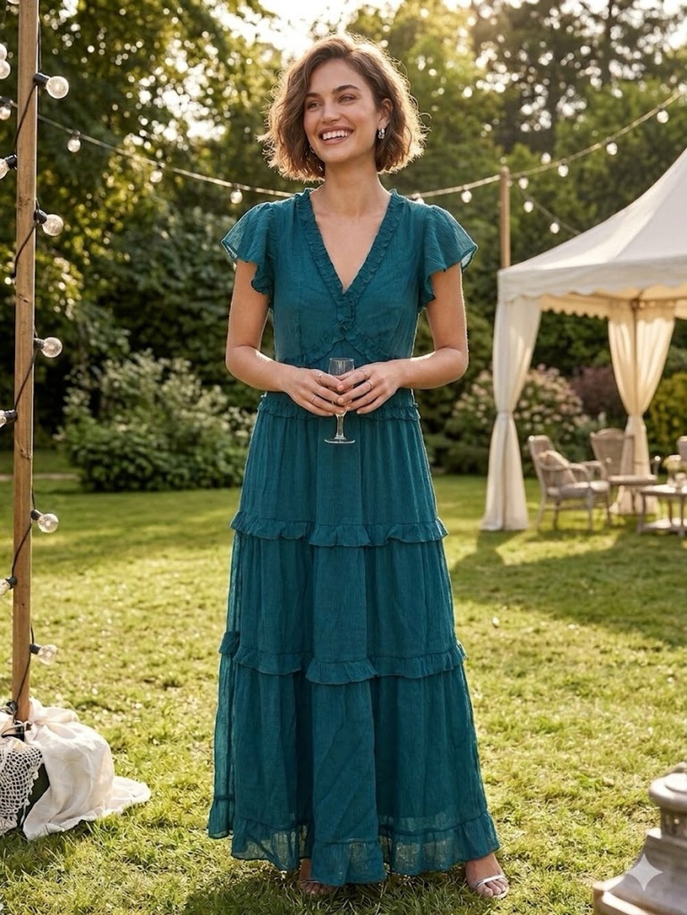 Thread & Dot Teal Ruffled V‑Neck Tiered Maxi Dress